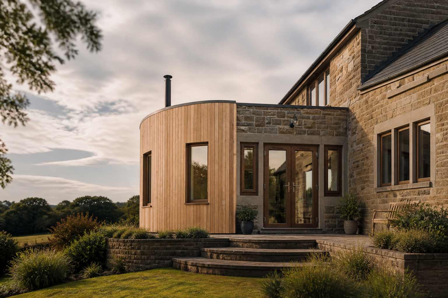 Contemporary timber and stone extension in a West Yorkshire setting