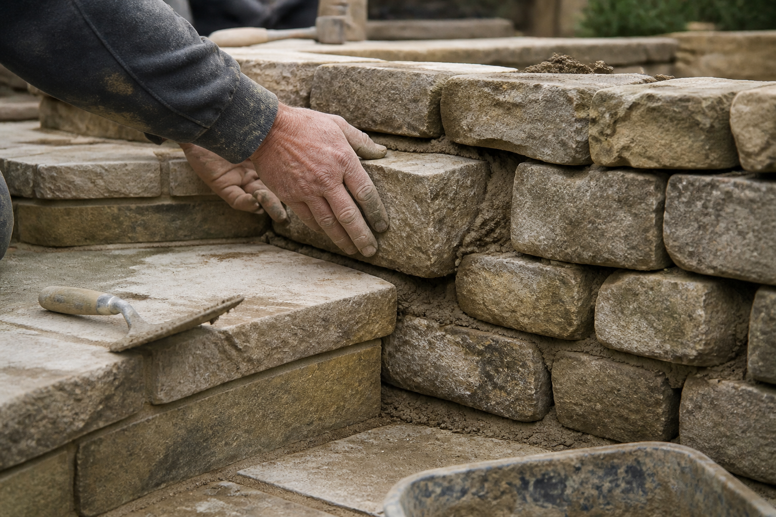 Local gritstone being laid by hand on a West Yorkshire build